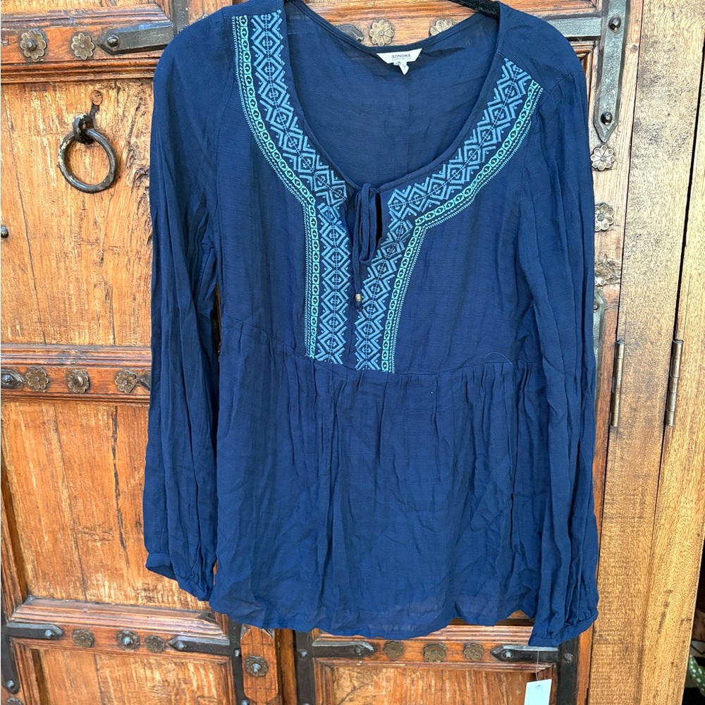 Sonoma Deep Blue Blouse with Teal Embroidery NWT